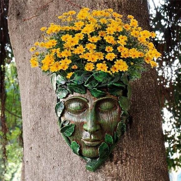 Tree Face Decor Flower Planter Pot Hand-Painted Resin Green Man Tree Hugger - Picture 8 of 8